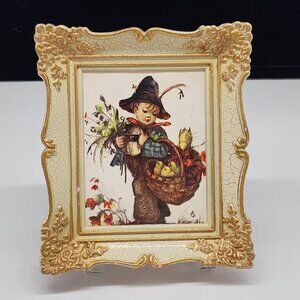 Vintage Gold Ornate Crackle Frame With Child & Basket Print Lightweight Plastic